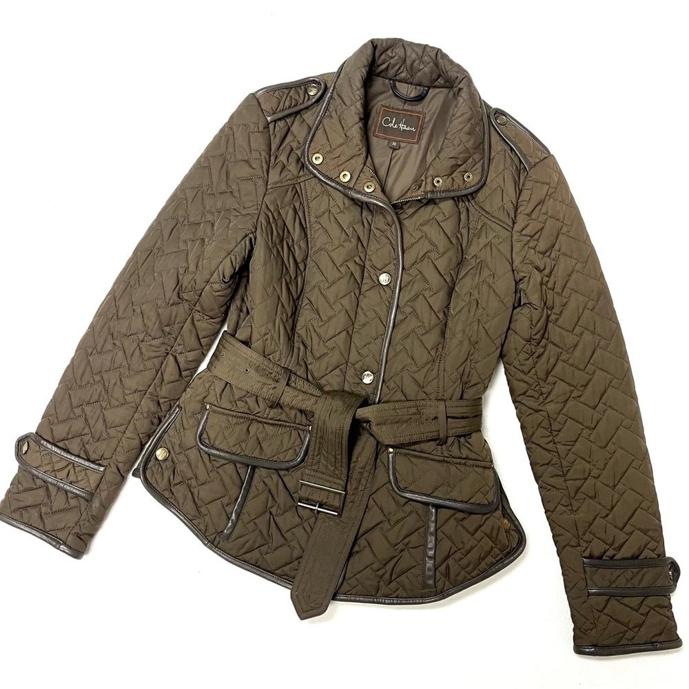 Cole Haan Brown Quilted, Belted Jacket w/Leather Trim